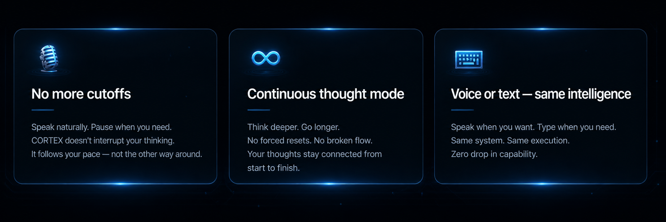 CORTEX voice-wait panel: No more cutoffs, speak naturally, pause when you need, CORTEX doesn't interrupt your thinking. Continuous thought mode, think deeper, go longer, no forced resets, no broken flow. Voice or text, same intelligence, speak when you want, type when you need, same system, same execution, zero drop in capability.